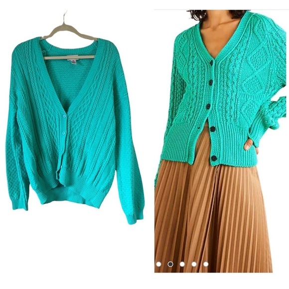 VTG Mint Green Cable Diamond Argyle Cotton Knit V Neck Grandpa Cardigan Women XL - Picture 2 of 12